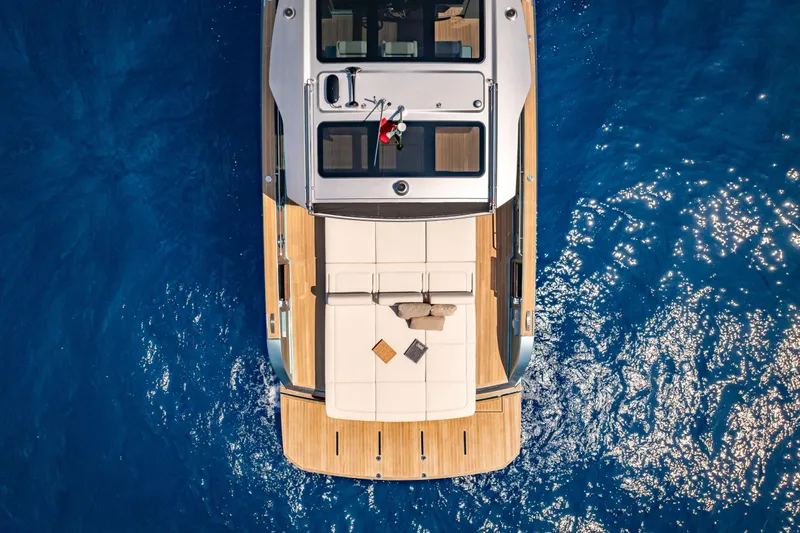 Pardo 43 Yacht Photos Pics Aerial view of 2026 Pardo Yachts 43 on sparkling blue water.