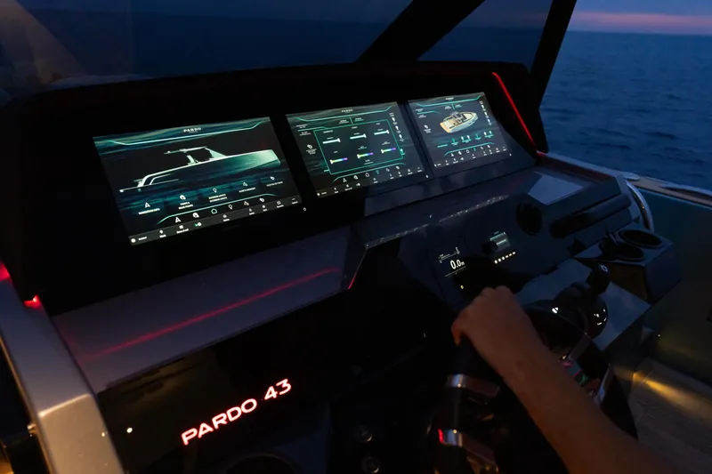 Pardo 43 Yacht Photos Pics Helm of 2026 Pardo Yachts 43 with advanced digital displays at sea.