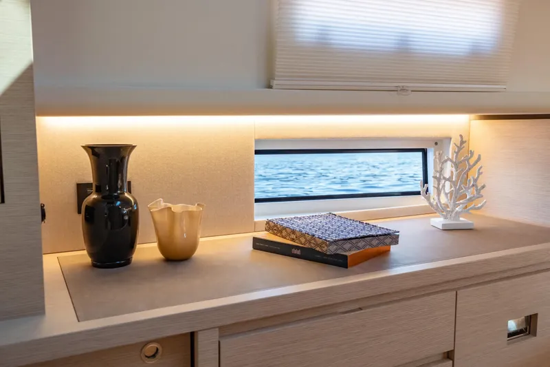 Pardo 43 Yacht Photos Pics Luxurious interior of 2026 Pardo Yachts 43 with elegant decor and sea view.