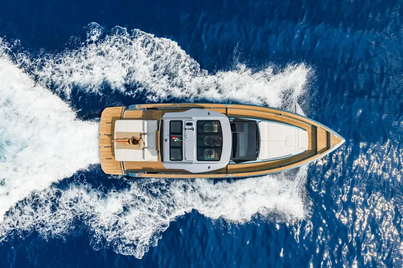 Pardo 43 Yacht Photos Pics Top view of 2026 Pardo Yachts 43 cruising on blue ocean waters.