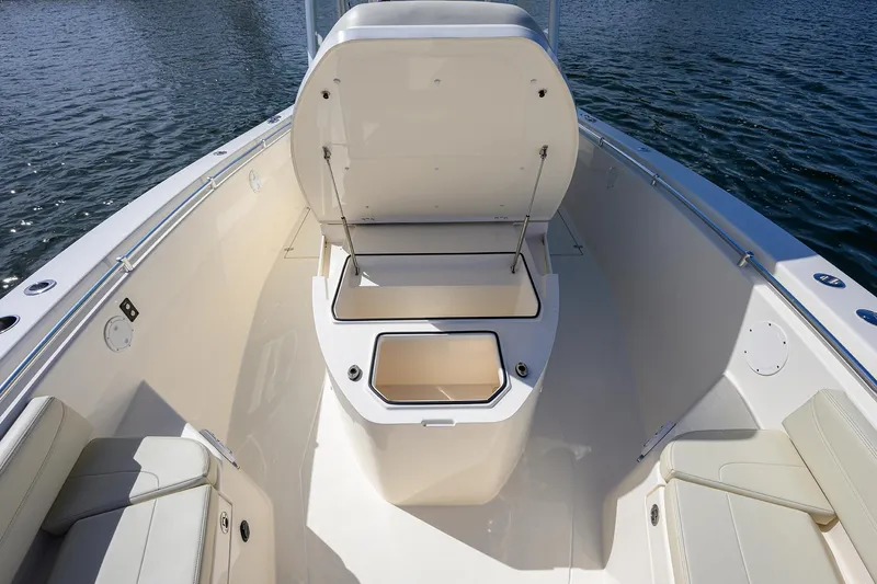  Yacht Photos Pics 2022 Cobia 350 Center Console boat interior with open storage compartment.