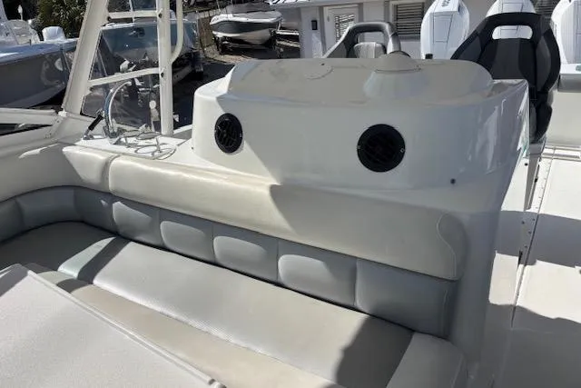  Yacht Photos Pics 2008 Everglades 350LX boat interior with seating and control panel.