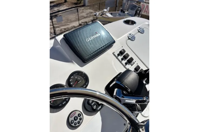  Yacht Photos Pics Control panel of 2008 Everglades 350LX boat with Garmin navigation system.