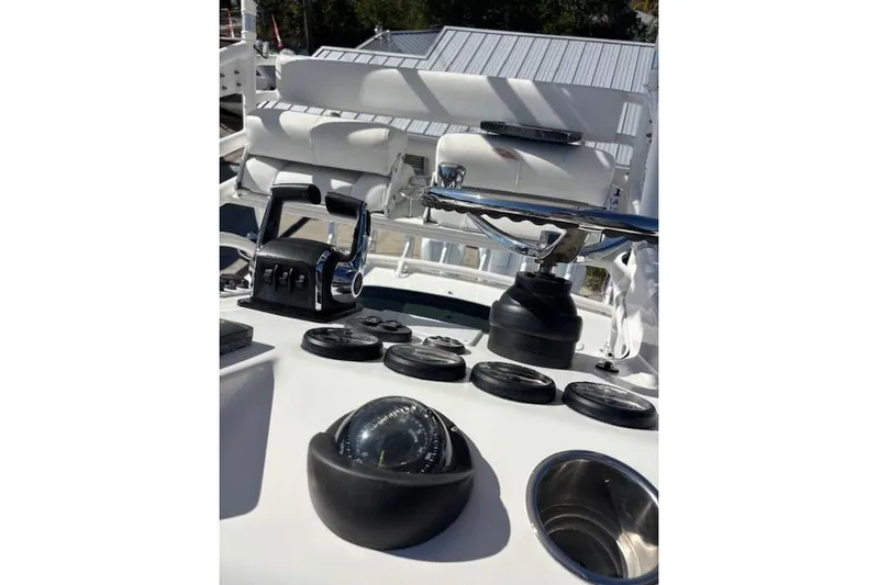  Yacht Photos Pics Control panel of 2008 Everglades 350LX boat with navigational instruments.