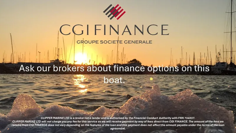 324000084-r40 Yacht Photos Pics Sunset over marina with CGI Finance text, promoting Bavaria R40 2025 boat financing options.