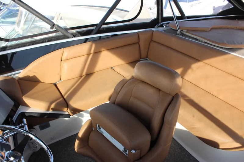  Yacht Photos Pics Interior of 2002 Regal Commodore 3880 boat with tan leather seating.