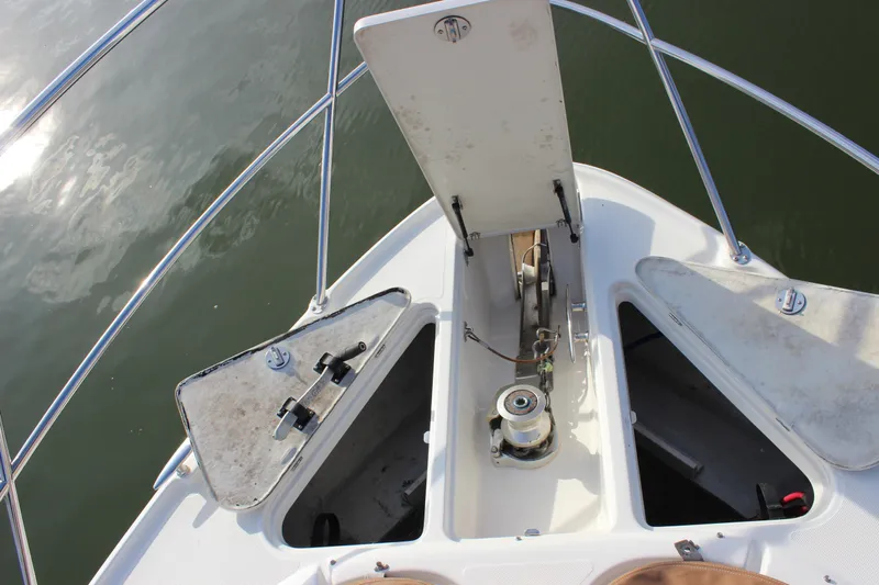  Yacht Photos Pics Bow view of 2002 Regal Commodore 3880 with open anchor locker.