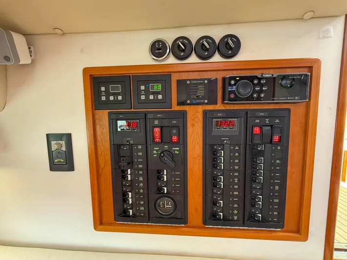 Noble Grace Yacht Photos Pics Electrical control panel on a 2019 MJM 43z boat, featuring various switches and gauges.