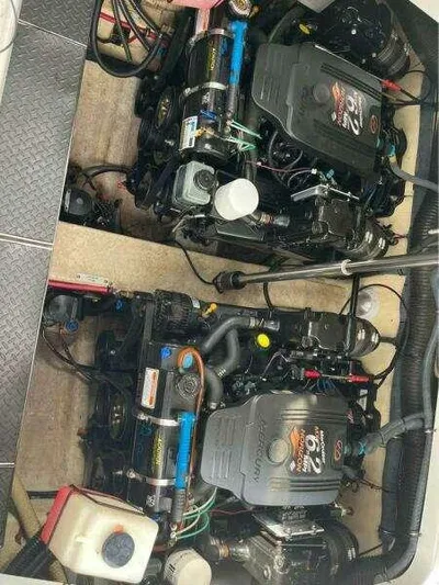 Attitude Is Everything Yacht Photos Pics 2007 Formula 31 PC engine compartment with dual inboard motors and wiring.