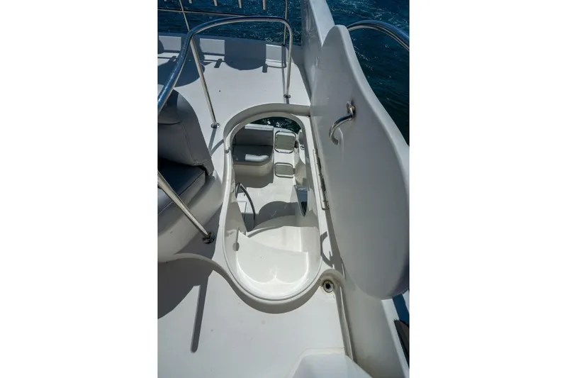  Yacht Photos Pics Staircase on 2001 Azimut 46 yacht, leading to lower deck with ocean view.