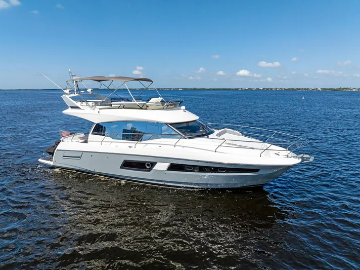  Yacht Photos Pics 2018 Prestige 460 yacht cruising on open water under a clear blue sky.