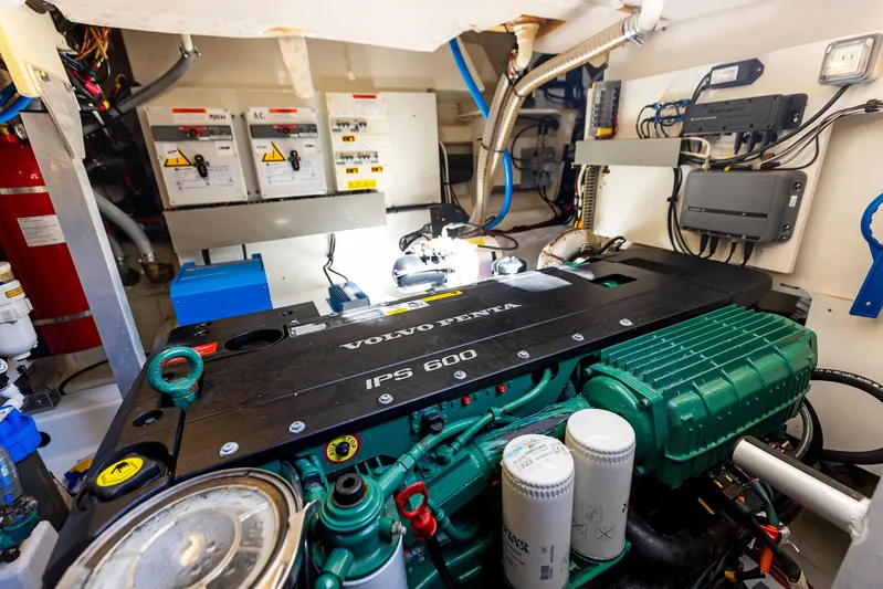  Yacht Photos Pics Engine room of a 2018 Prestige 460 yacht with Volvo Penta IPS 600 engine.