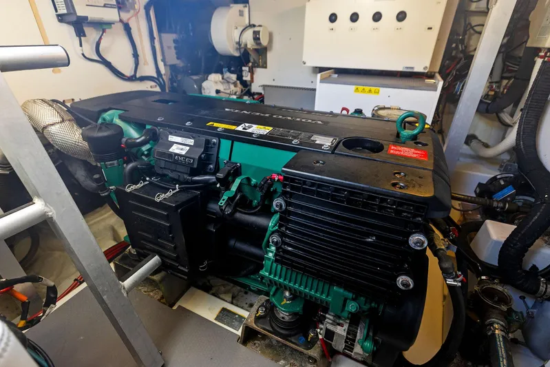  Yacht Photos Pics Engine room of a 2018 Prestige 460 yacht with a Volvo Penta engine.