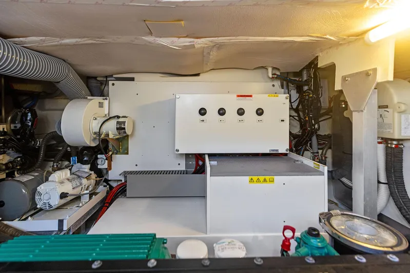  Yacht Photos Pics Engine room of a 2018 Prestige 460 yacht with electrical control panel.