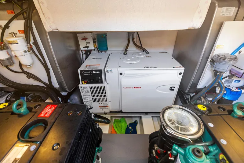  Yacht Photos Pics Engine room of a 2018 Prestige 460 yacht with Cummins Onan generator.