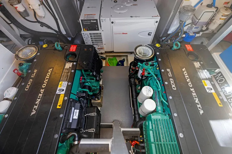  Yacht Photos Pics Engine room of a 2018 Prestige 460 yacht with twin Volvo Penta IPS 600 engines.