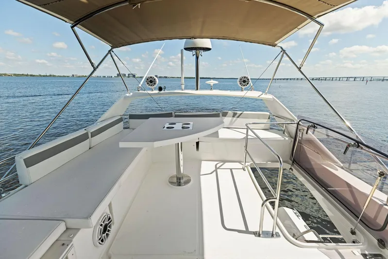  Yacht Photos Pics 2018 Prestige 460 yacht flybridge with seating and table, overlooking calm waters.