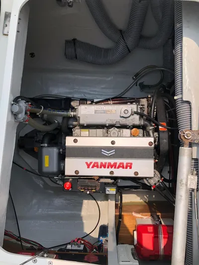 Darwin Yacht Photos Pics Engine compartment of a 2020 Lagoon 42 catamaran with a Yanmar engine.