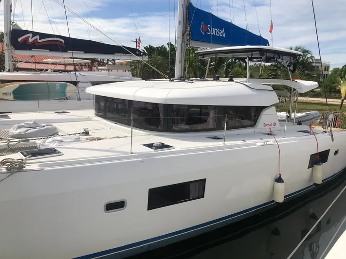 Darwin Yacht Photos Pics 2020 Lagoon 42 catamaran docked, featuring Sunsail branding.