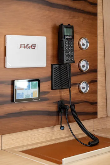  Yacht Photos Pics Control panel on 2023 Fountaine Pajot Isla 40 yacht with navigation and communication equipment.