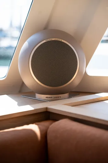  Yacht Photos Pics Elipson Planet L speaker on Fountaine Pajot Isla 40 yacht, 2023 model, interior view.