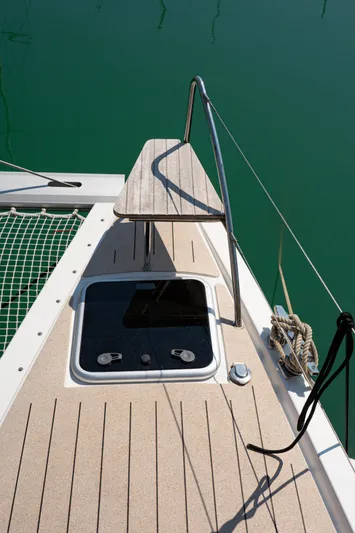  Yacht Photos Pics Deck of 2023 Fountaine Pajot Isla 40 catamaran with hatch and seating.