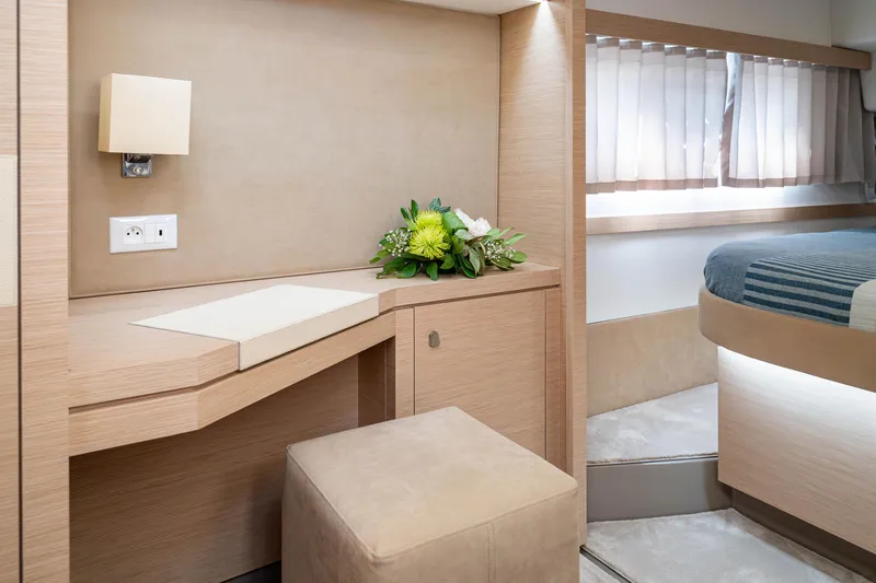  Yacht Photos Pics Luxurious interior of 2023 Fountaine Pajot Isla 40 yacht cabin with elegant decor.