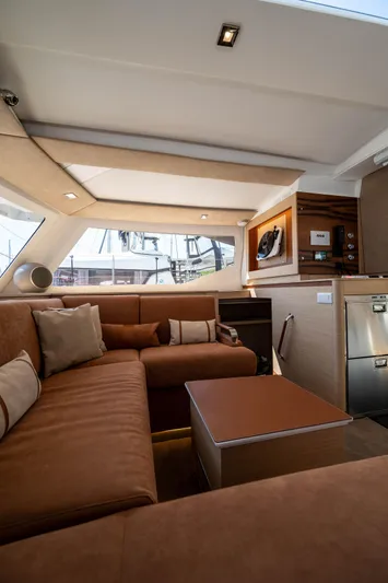 Yacht Photos Pics Luxurious interior of 2023 Fountaine Pajot Isla 40 catamaran with modern furnishings.