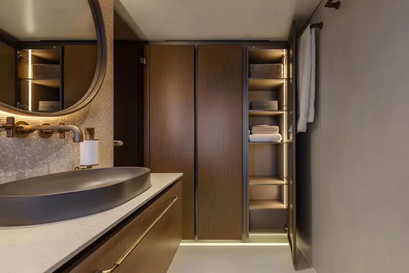 Otoctone Yacht Photos Pics Luxurious bathroom interior of 2024 Sunreef 80 Sailing yacht with modern fixtures and elegant design.