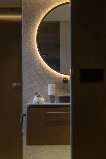 Otoctone Yacht Photos Pics Luxurious bathroom interior on 2024 Sunreef 80 sailing yacht, featuring modern design and ambient lighting.