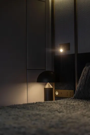 Otoctone Yacht Photos Pics Luxurious interior of 2024 Sunreef 80 sailing yacht with modern lighting and cozy bedding.