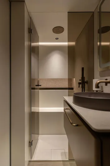 Otoctone Yacht Photos Pics Luxurious bathroom interior of 2024 Sunreef 80 Sailing yacht with modern fixtures.