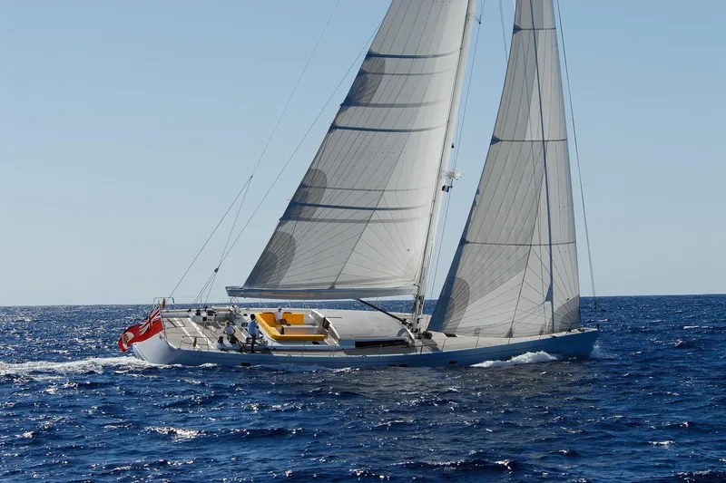 Whimsy Yacht Photos Pics Sailing yacht Vaudrey Miller 78, 2005 model, cruising on open sea with full sails.