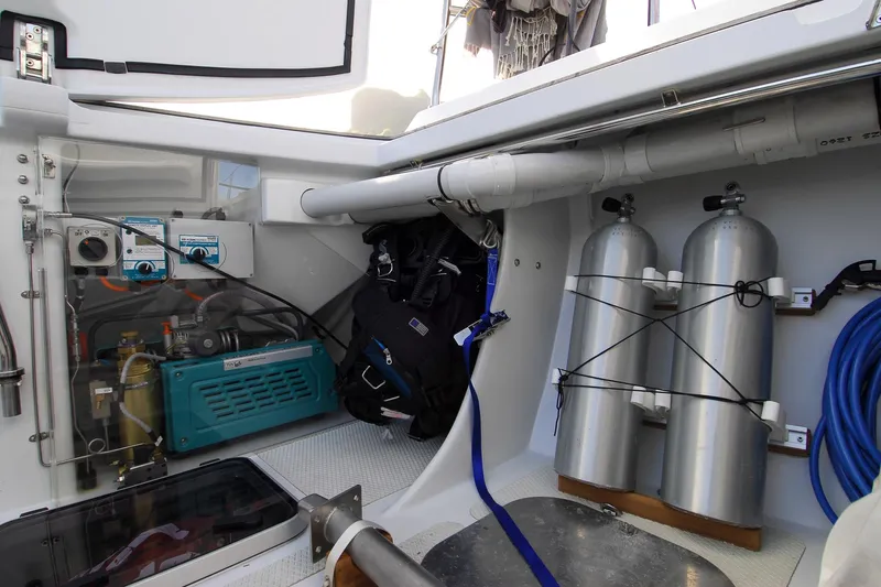 Whimsy Yacht Photos Pics Interior of Vaudrey Miller 78 yacht, featuring equipment and storage area, 2005 model.