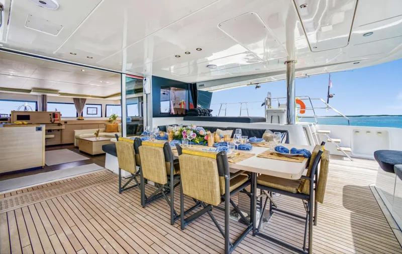 Dream Beauty Yacht Photos Pics Luxurious Lagoon 620 yacht interior with elegant dining area, 2020 model.