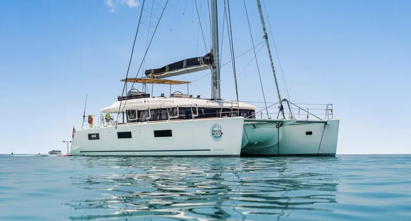 Dream Beauty Yacht Photos Pics 2020 Lagoon 620 catamaran sailing on calm blue waters under a clear sky.