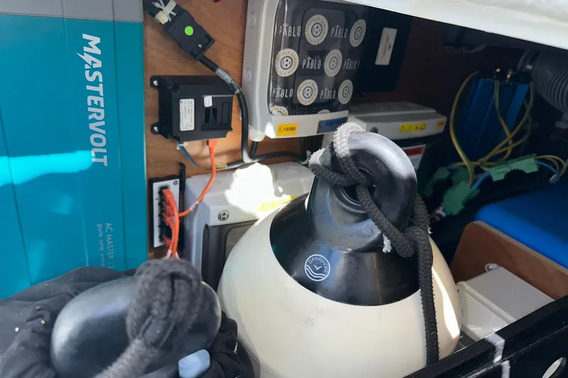 Mer Sea Yacht Photos Pics Electrical setup inside a 2021 Beneteau Swift Trawler 41 Fly, featuring Mastervolt equipment.