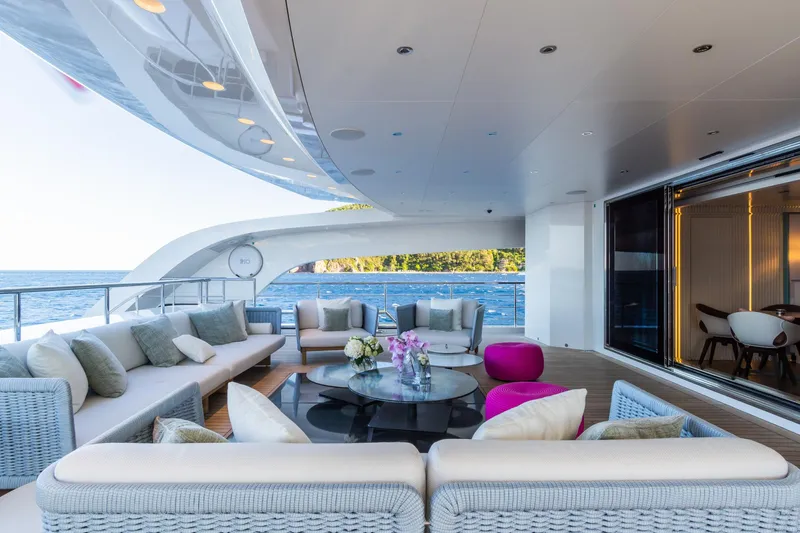 Rio Yacht Photos Pics Luxurious CRN 62m yacht deck with elegant seating, ocean view, and modern design, 2022 model.