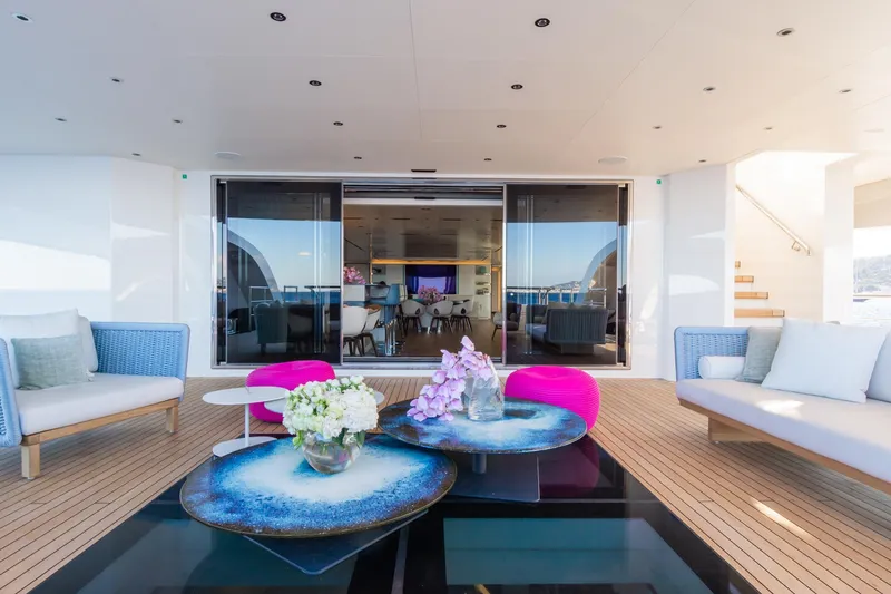 Rio Yacht Photos Pics Luxurious 2022 CRN 62m yacht interior with modern seating and elegant decor.