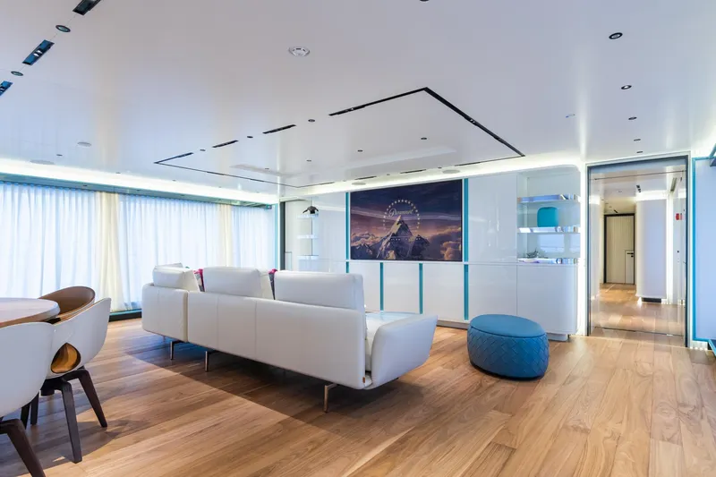 Rio Yacht Photos Pics Luxurious interior of 2022 CRN 62m yacht with modern white and blue decor.