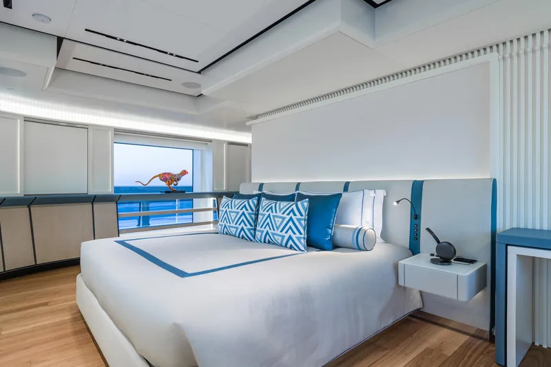 Rio Yacht Photos Pics Luxurious CRN 62m yacht bedroom, modern design, ocean view, geometric pillows, 2022 model.