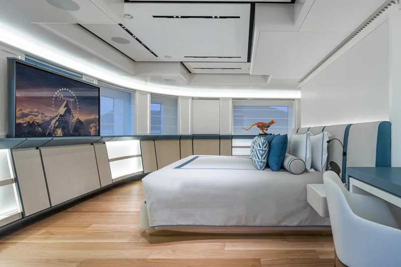 Rio Yacht Photos Pics Luxurious CRN 62m yacht bedroom, modern design, large TV, elegant decor, 2022 model.