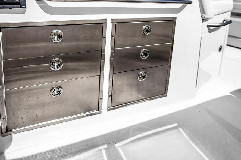  Yacht Photos Pics Stainless steel storage drawers on 2025 Grady-White Canyon 456 boat.