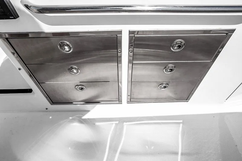  Yacht Photos Pics Stainless steel storage drawers on 2025 Grady-White Canyon 456 boat.