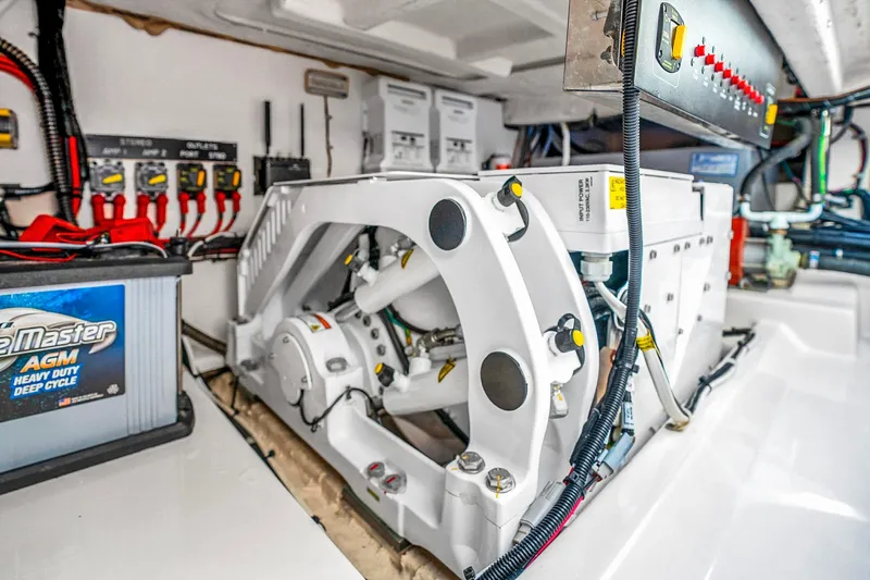  Yacht Photos Pics Engine compartment of 2025 Grady-White Canyon 456 boat, featuring advanced electrical systems.