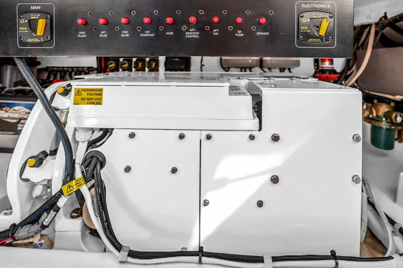  Yacht Photos Pics Electrical panel and components in a 2025 Grady-White Canyon 456 boat.