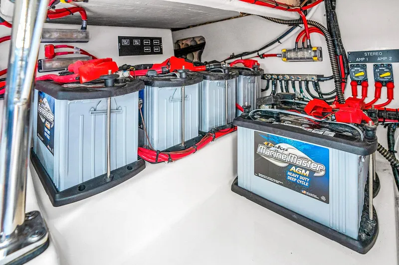  Yacht Photos Pics Battery compartment of 2025 Grady-White Canyon 456 boat with MarineMaster AGM batteries.