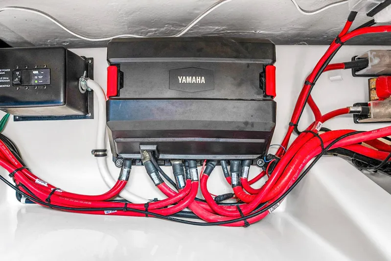 Yacht Photos Pics Yamaha electrical system in 2025 Grady-White Canyon 456 boat, featuring red cables.