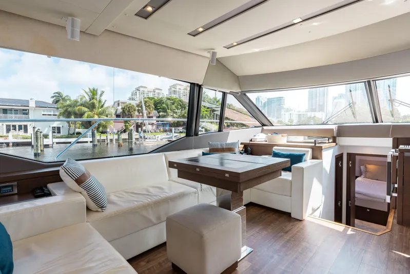 Knightlife Yacht Photos Pics Luxurious interior of a 2017 Prestige 630 yacht with modern seating and large windows.