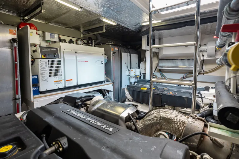 Knightlife Yacht Photos Pics Engine room of a 2017 Prestige 630 yacht with Volvo Penta engine and generator.